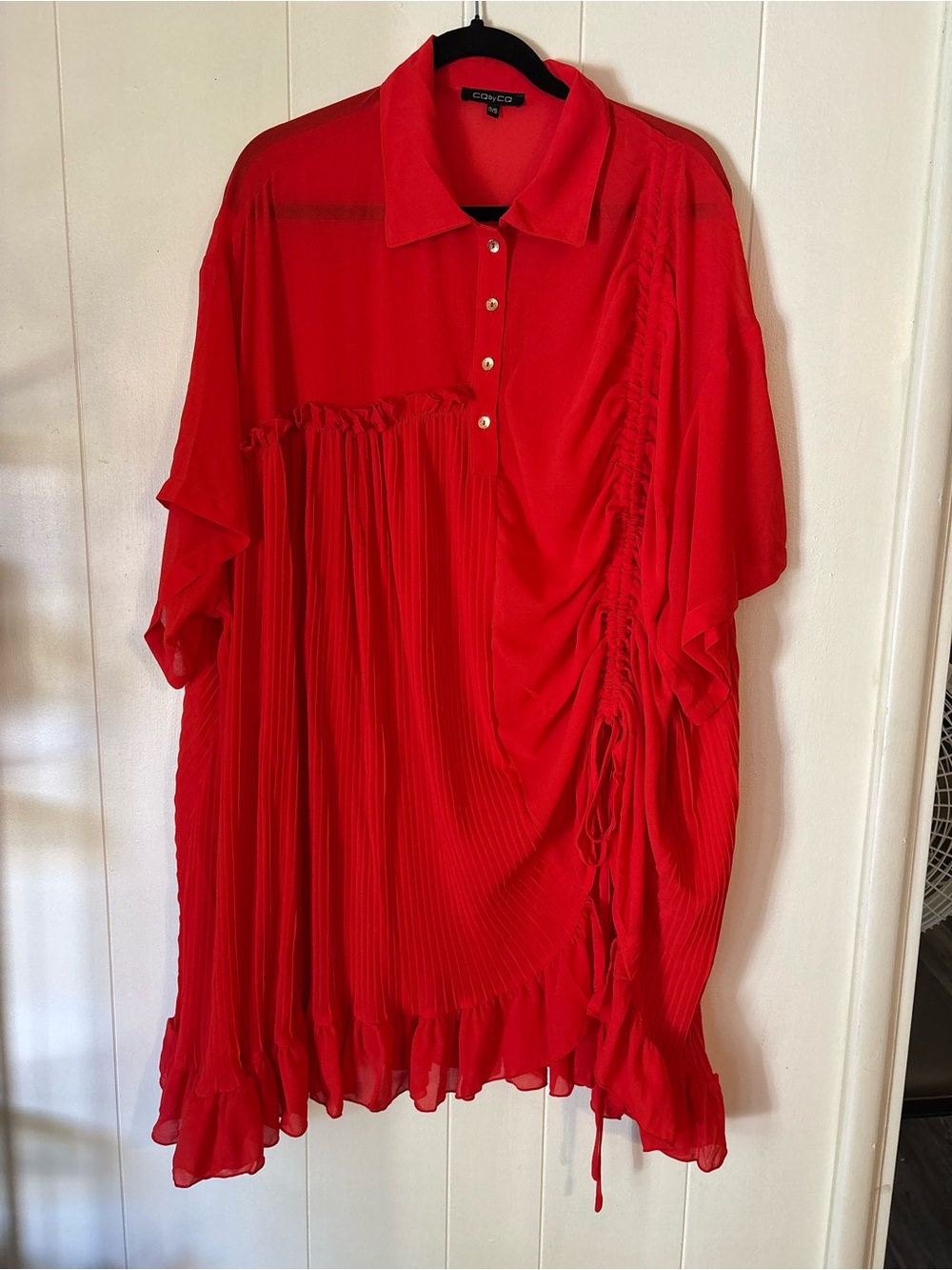 Women’s Tomato Red Pleated Tunic with Ruching